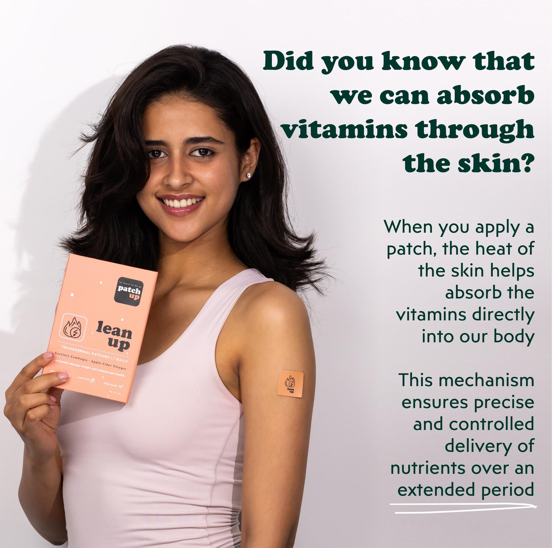 girl holding Patch Up's Lean Up weight management patches containing Garcinia Cambogia and Apple Cider Vinegar to boost metabolism and reduce cravings.