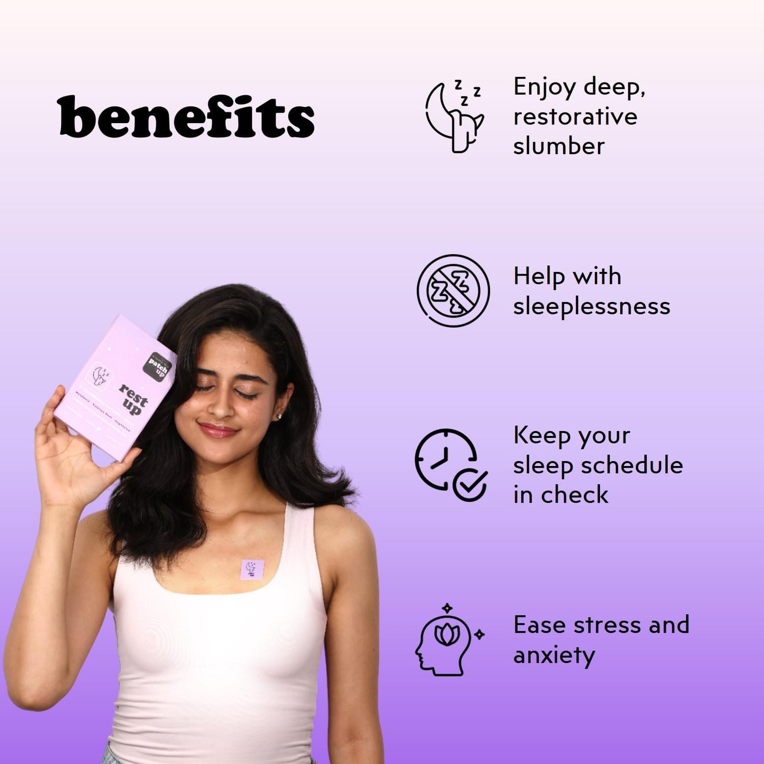 benefits of using Patch Up's Rest Up sleep aid patches featuring Melatonin, Valerian Root, and Magnesium to promote restful sleep, reduce stress, and regulate sleep cycles.