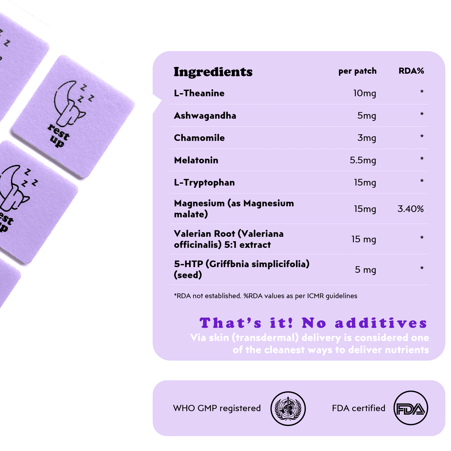 Comprehensive ingredient list of Patch Up's Rest Up sleep aid patches featuring Melatonin, Valerian Root, and Magnesium to promote restful sleep, reduce stress, and regulate sleep cycles.