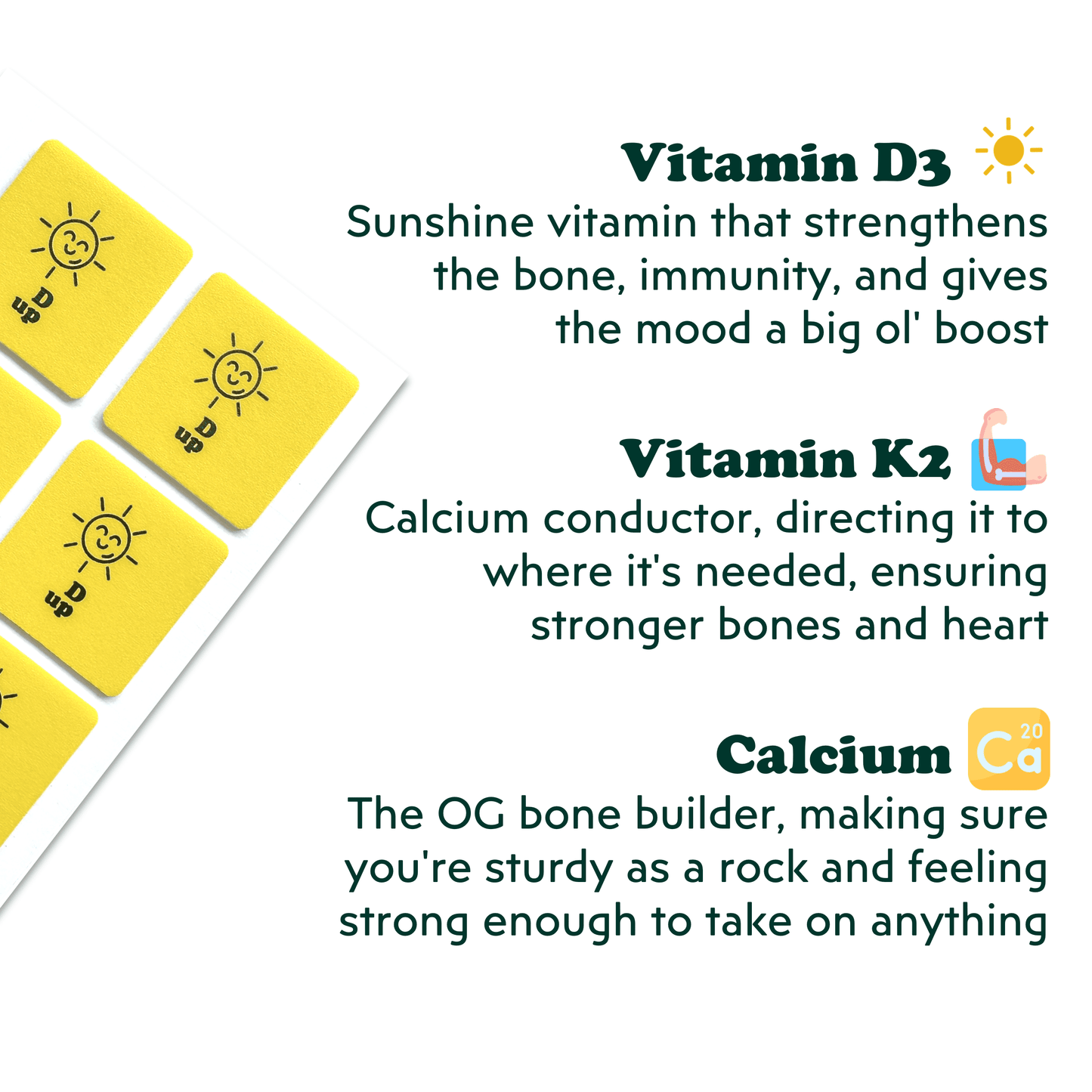 Ingredient list of Patch Up's transdermal vitamin patch pack that includes Vitamin D3, K2, and Calcium for immunity, bone strength, and mood uplift. This vitamin supplement pack comes in visible pack sizes of 12, 30, 60, and 90.