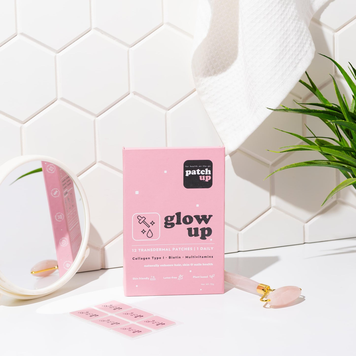 Patch Up Glow Up beauty enhancement patches, containing Collagen Type I, Biotin, and Multivitamins for hair growth, skin radiance, and nail strength displayed in vibrant violet packaging. 