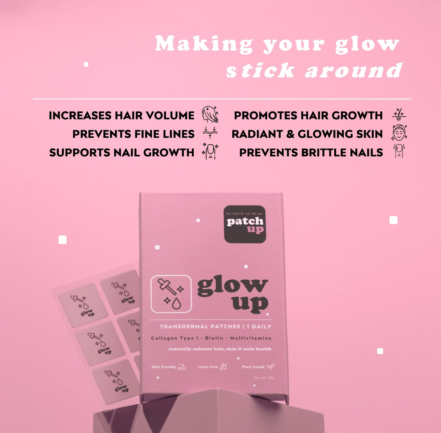 Patch Up's Glow Up beauty enhancement patches, displayed in vibrant violet packaging containing Collagen Type I, Biotin, and Multivitamins for hair growth, skin radiance, and nail strength