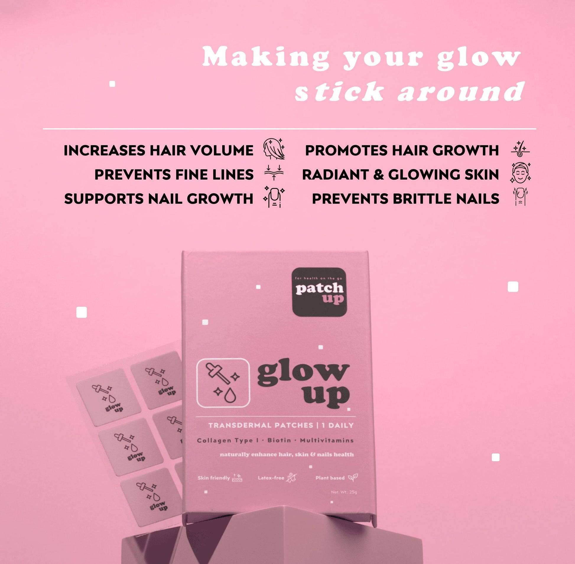 Patch Up's Glow Up beauty enhancement patches, displayed in vibrant violet packaging containing Collagen Type I, Biotin, and Multivitamins for hair growth, skin radiance, and nail strength