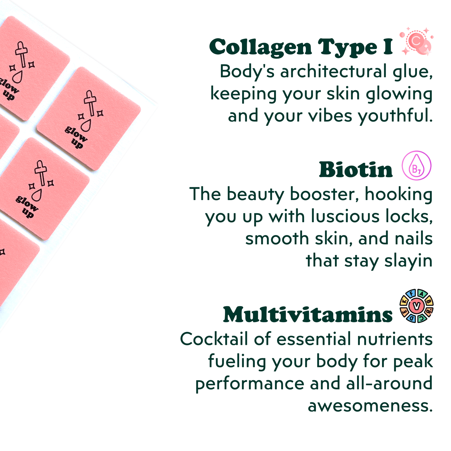 Ingredients of Patch Up's Glow Up beauty enhancement patches, containing Collagen Type I, Biotin, and Multivitamins for hair growth, skin radiance, and nail strength displayed in vibrant violet packaging. 