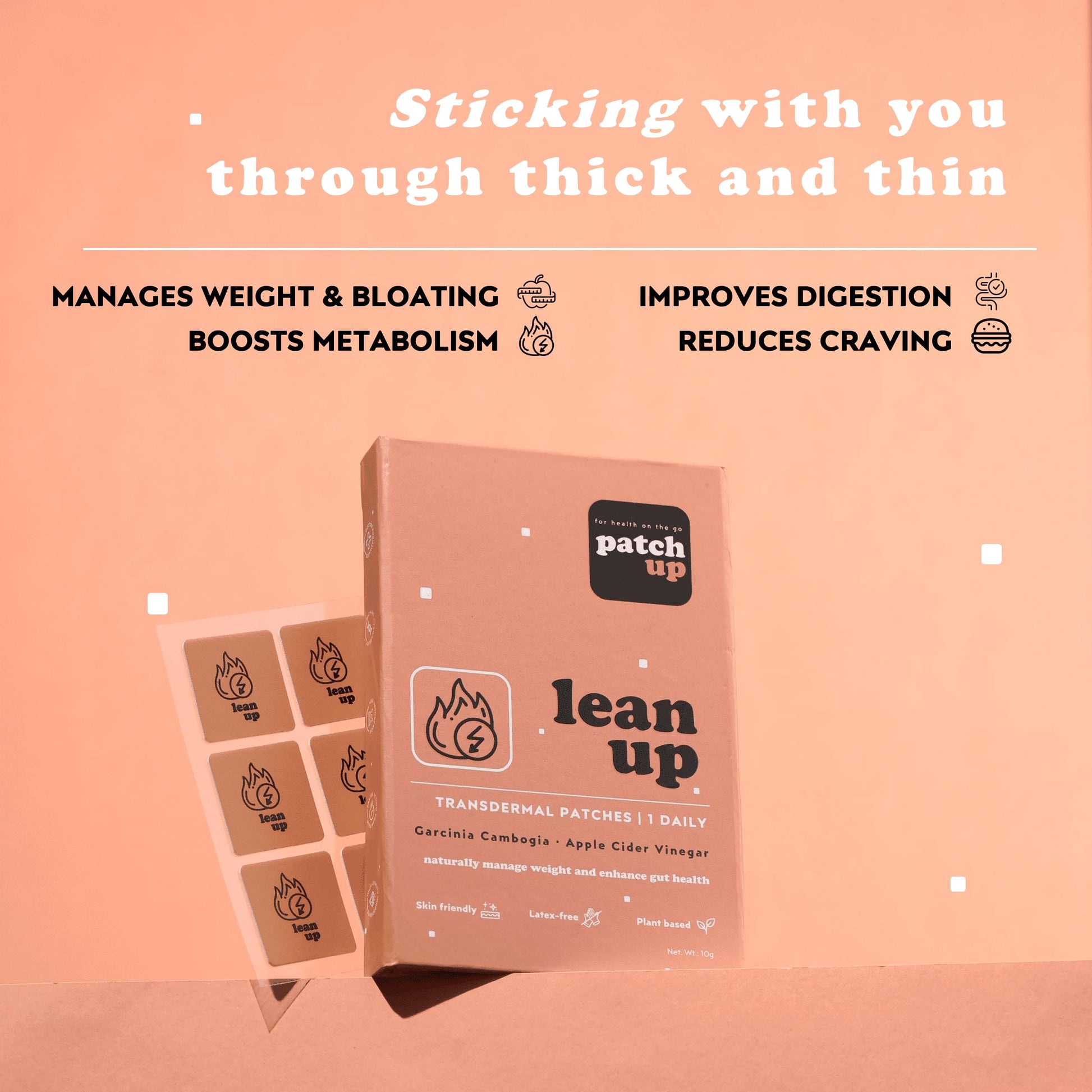 Lean Up: Patch Up Lean Up weight management patches. They contain Garcinia Cambogia and Apple Cider Vinegar to boost metabolism and reduce cravings. These gut health supplements come in boxes of 12, 30, 60, and 90 patches, each clearly labeled.