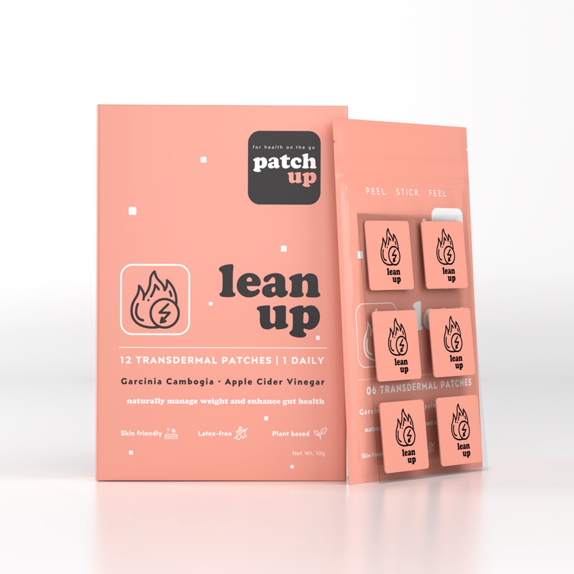 Lean Up: Patch Up Lean Up weight management patches. They contain Garcinia Cambogia and Apple Cider Vinegar to boost metabolism and reduce cravings. These gut health supplements come in boxes of 12, 30, 60, and 90 patches, each clearly labeled.