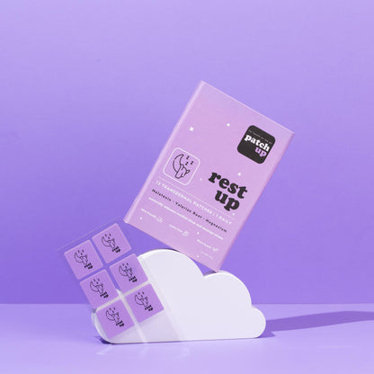 Patch Up's Rest Up sleep aid patches Featuring Melatonin, Valerian Root, and Magnesium to promote restful sleep, reduce stress, and regulate sleep cycles