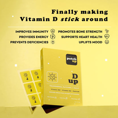 D up: Patch Up D Up is a transdermal vitamin patch pack that includes Vitamin D3, K2, and Calcium for immunity, bone strength, and mood uplift. This vitamin supplement pack comes in visible pack sizes of 12, 30, 60, and 90.