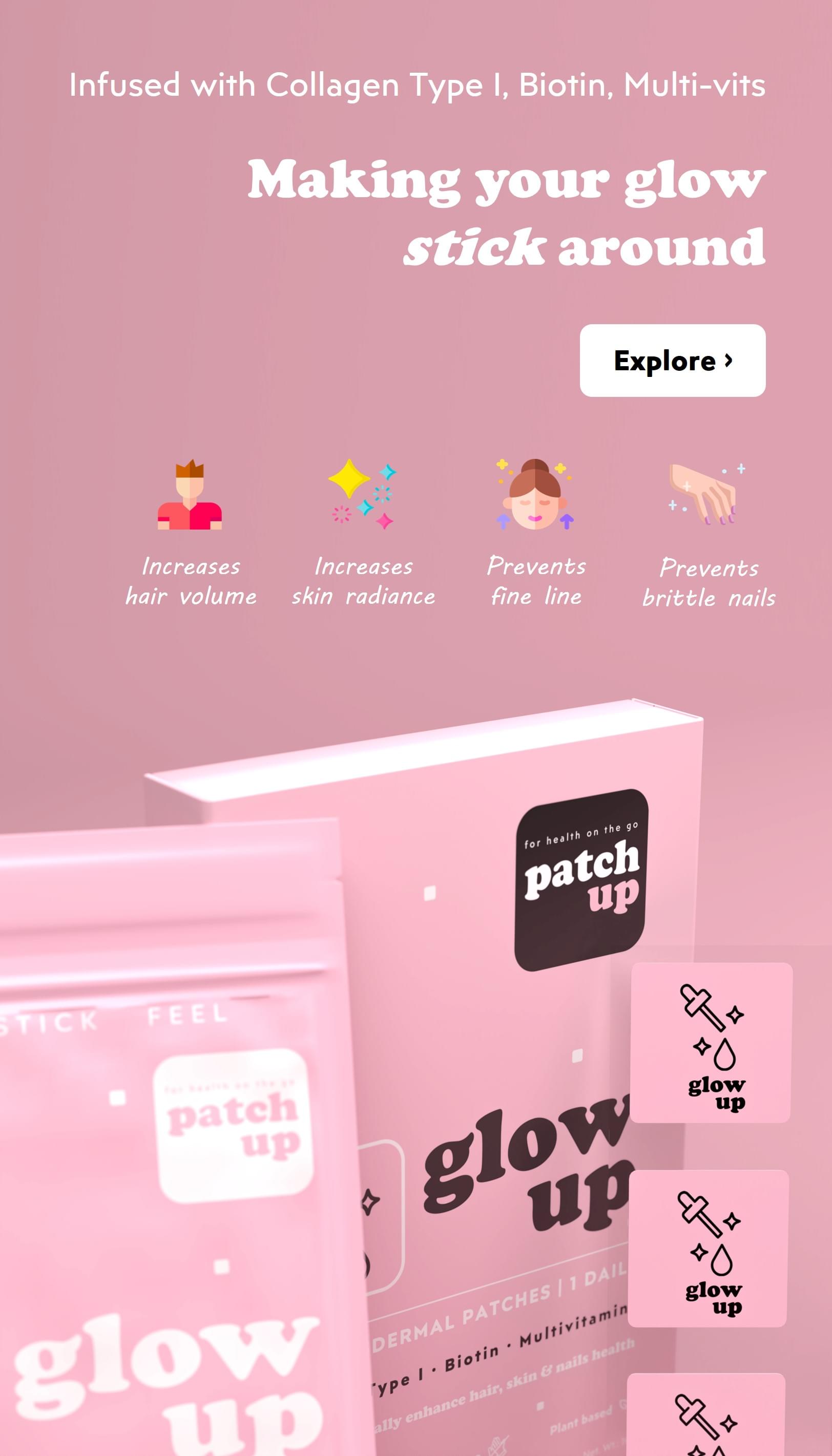 Patch Up's Glow Up beauty enhancement patches, displayed in vibrant violet packaging containing Collagen Type I, Biotin, and Multivitamins for hair growth, skin radiance, and nail strength