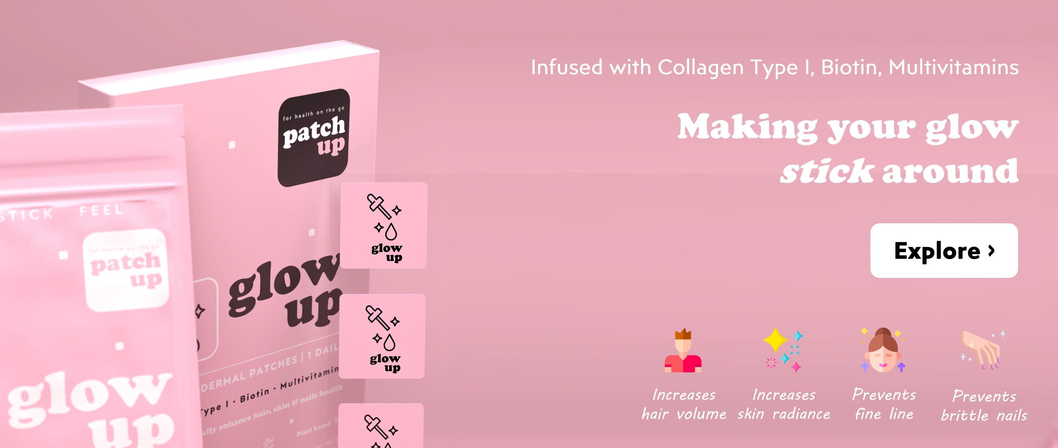 Patch Up's Glow Up beauty enhancement patches, displayed in vibrant violet packaging containing Collagen Type I, Biotin, and Multivitamins for hair growth, skin radiance, and nail strength