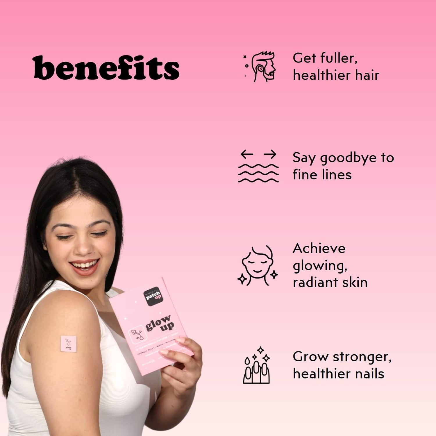 benefits of Patch Up's Glow Up beauty enhancement patches, displayed in vibrant violet packaging containing Collagen Type I, Biotin, and Multivitamins for hair growth, skin radiance, and nail strength