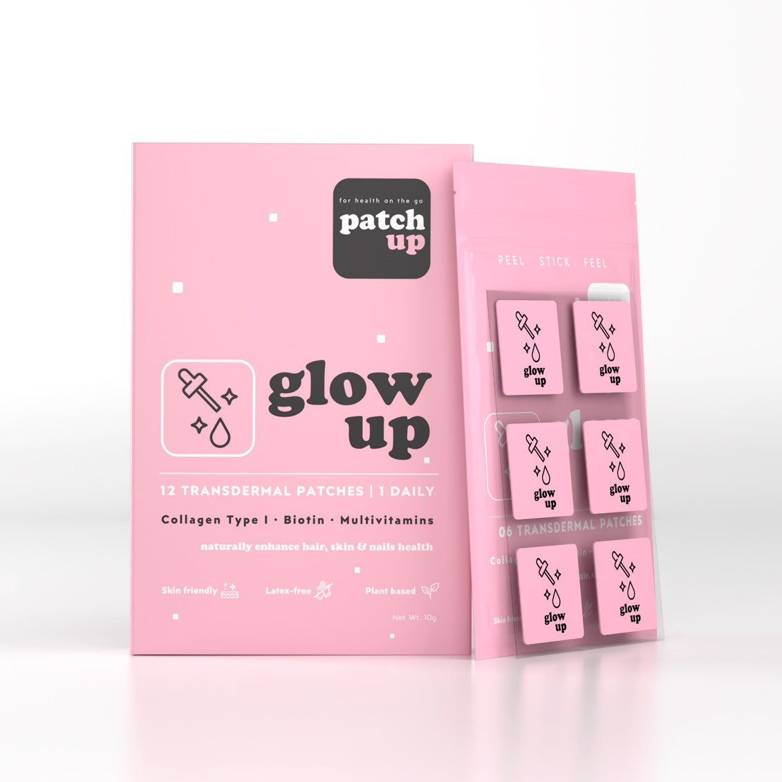 Patch Up's Glow Up beauty enhancement patches, displayed in vibrant violet packaging containing Collagen Type I, Biotin, and Multivitamins for hair growth, skin radiance, and nail strength