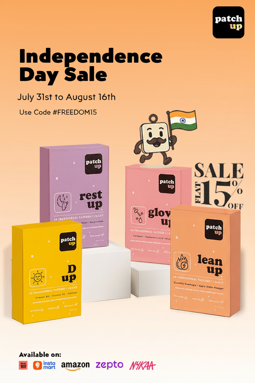 Promotional poster for Independence Day Sale with 'patch up' product boxes on a peach background.
