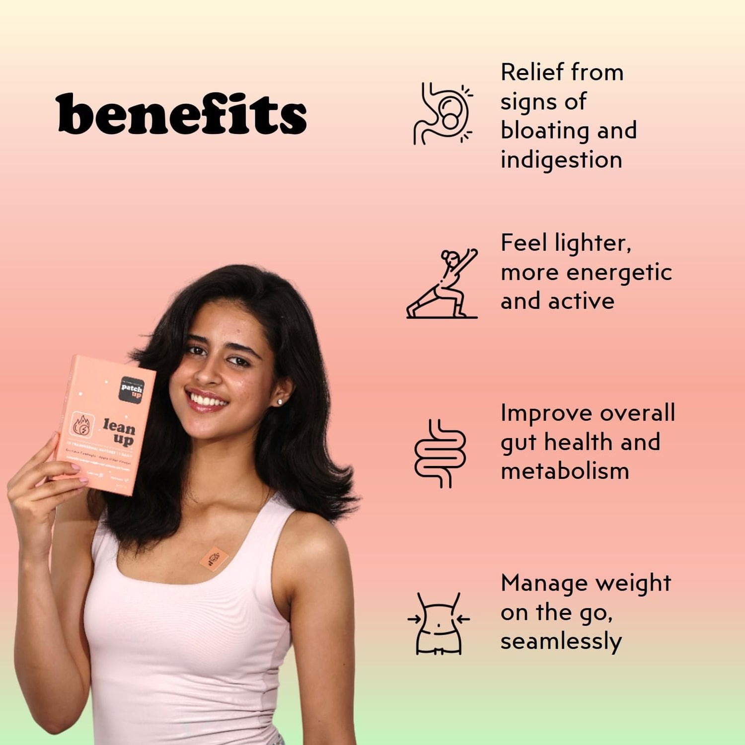 benefits of Patch Up's Lean Up weight management patches containing Garcinia Cambogia and Apple Cider Vinegar to boost metabolism and reduce cravings.