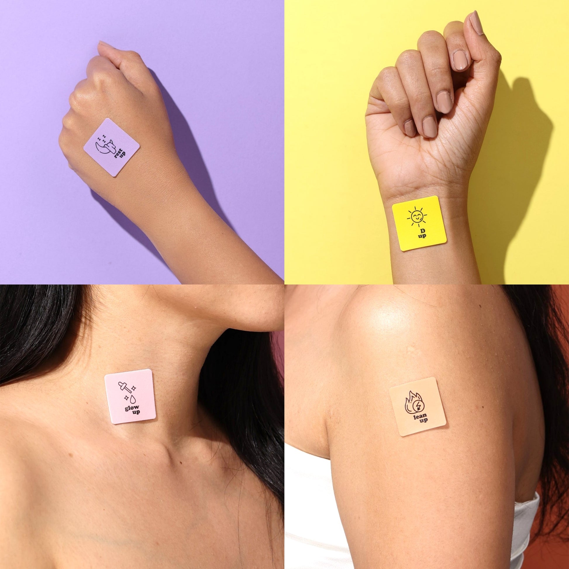 four types of vitamin patches stuck on different parts of body