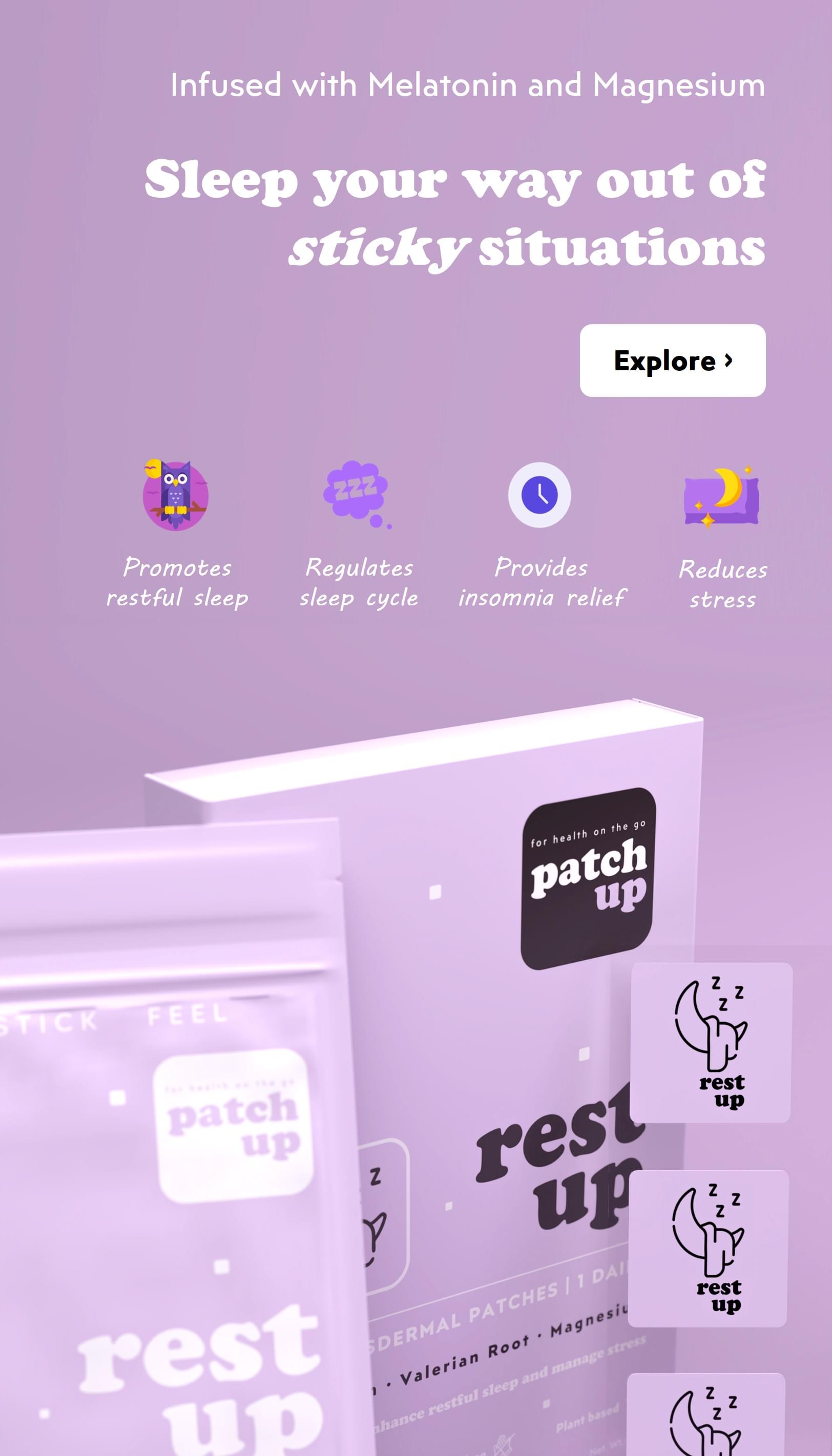 Patch Up's  Rest Up sleep aid patches featuring Melatonin, Valerian Root, and Magnesium to promote restful sleep, reduce stress, and regulate sleep cycles. 