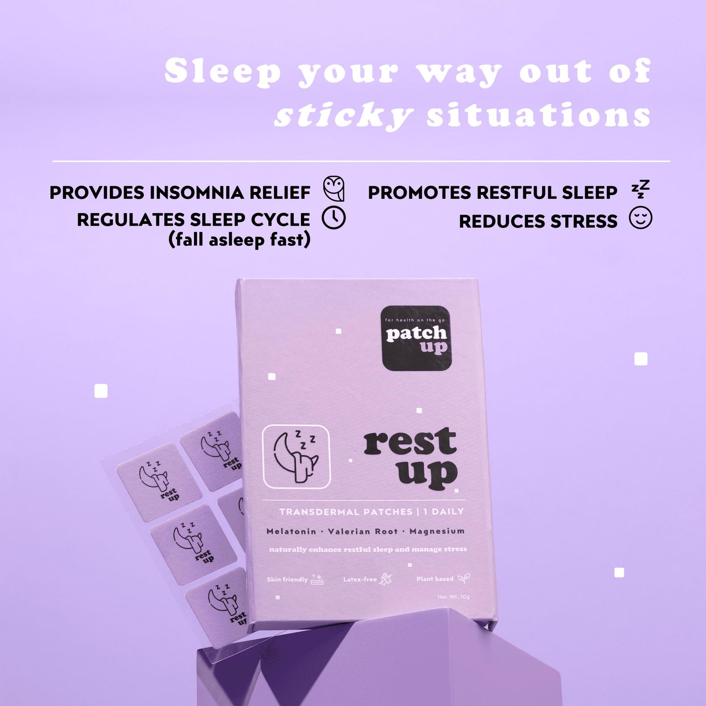 Rest Up: Patch Up Rest Up sleep aid patches. Features Melatonin, Valerian Root, and Magnesium to promote restful sleep, reduce stress, and regulate sleep cycles. Available in packs of 12, 30, 60, and 90.