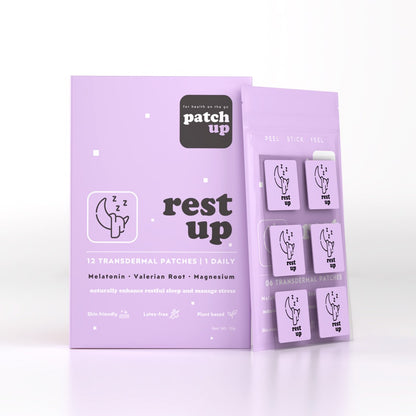 Rest Up: Patch Up Rest Up sleep aid patches. Features Melatonin, Valerian Root, and Magnesium to promote restful sleep, reduce stress, and regulate sleep cycles. Available in packs of 12, 30, 60, and 90.